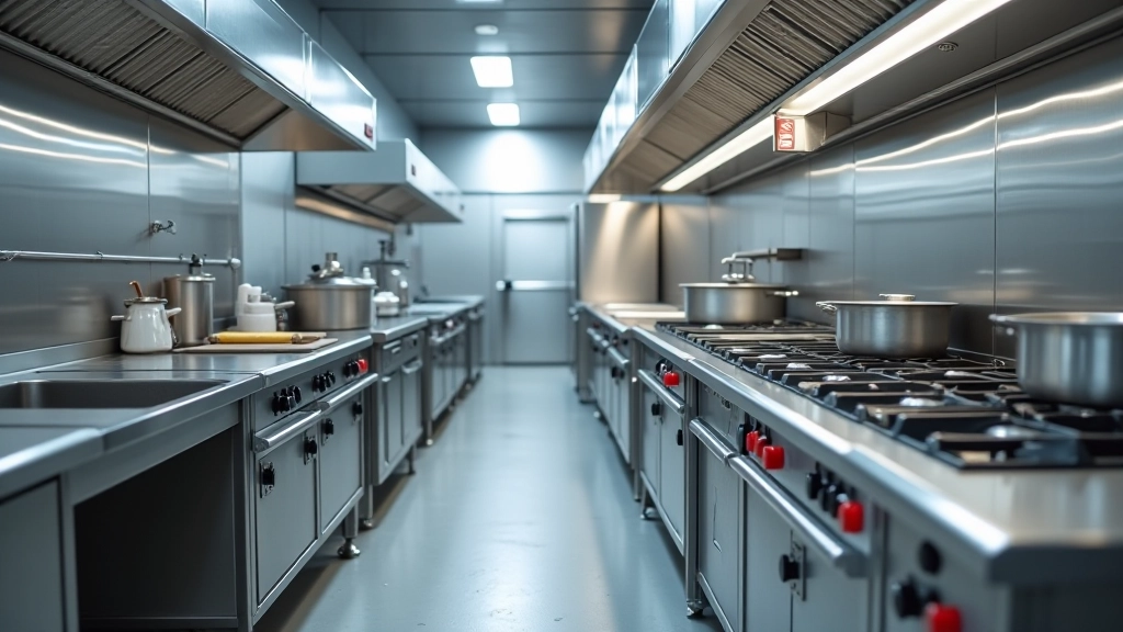 Commercial kitchen equipment installation showing proper spacing and workflow layout