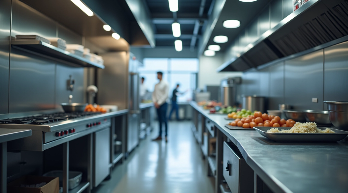 Modern commercial kitchen with professional stainless steel worktops and catering equipment
