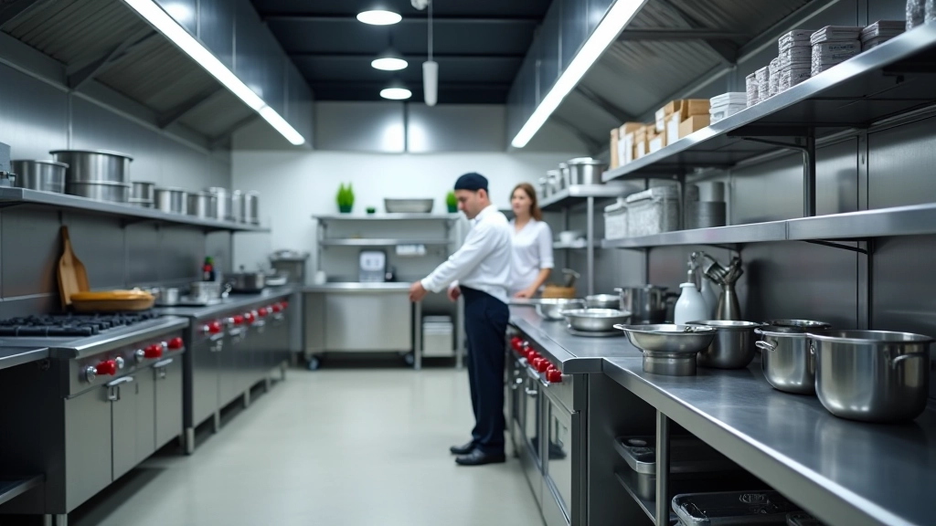 Restaurant kitchen with various commercial cooking equipment and storage solutions organized efficiently