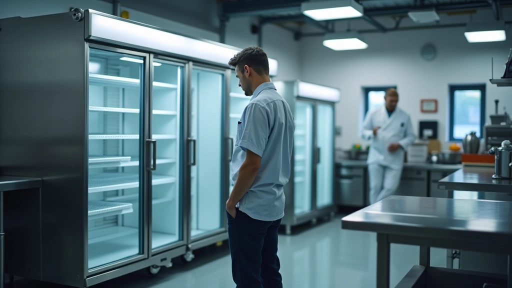 Large stainless steel commercial refrigerator unit with glass doors in bright kitchen setting