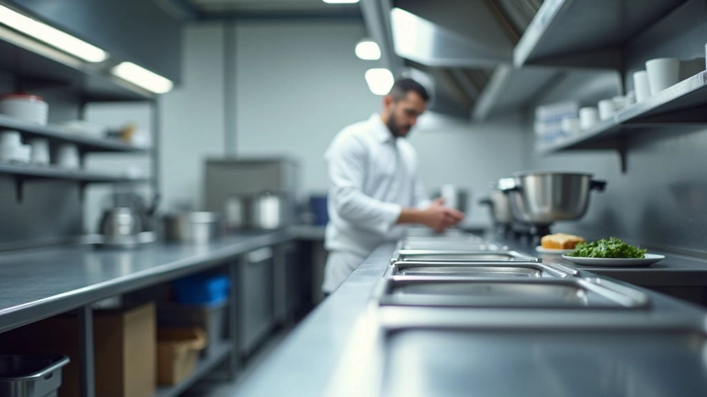Commercial kitchen pass station with organized equipment and workflow stations