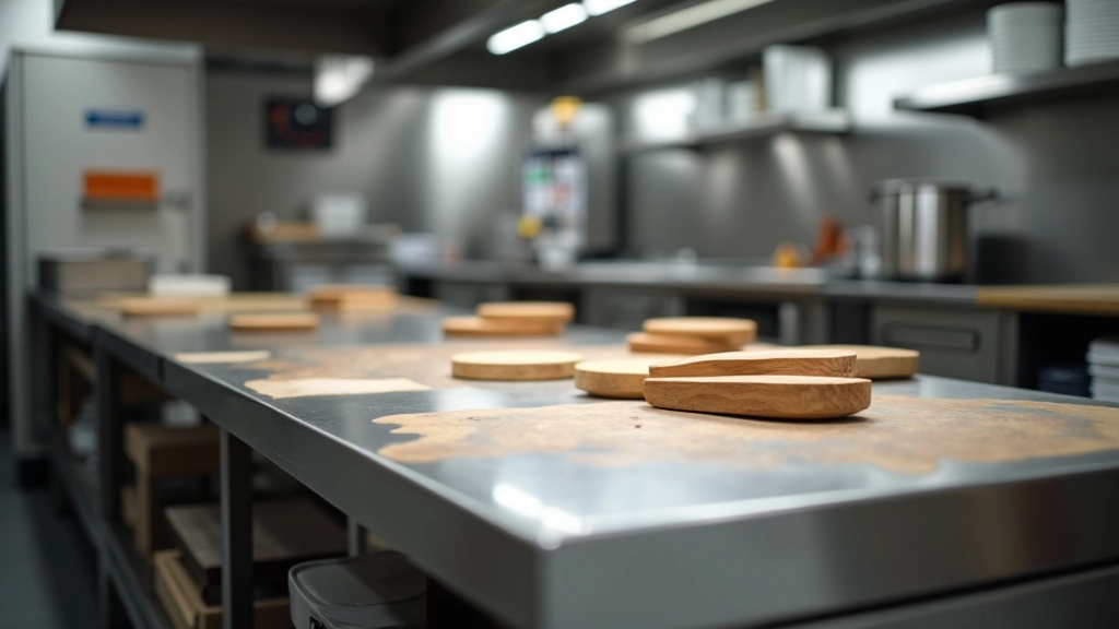 Stainless steel work table with food preparation tools and cutting boards in professional kitchen