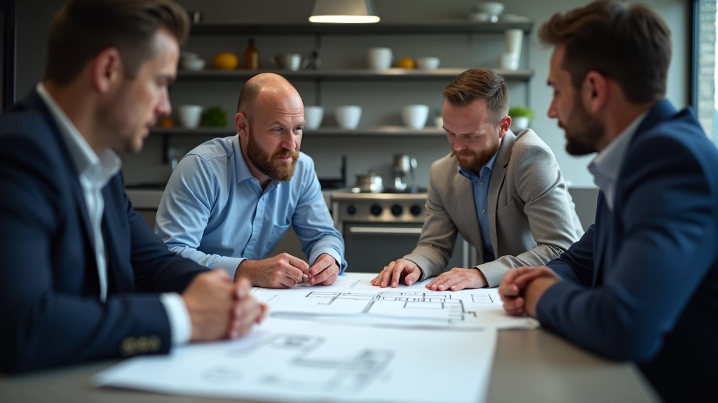 Professional team planning kitchen layout with equipment specifications and stainless steel worktop designs